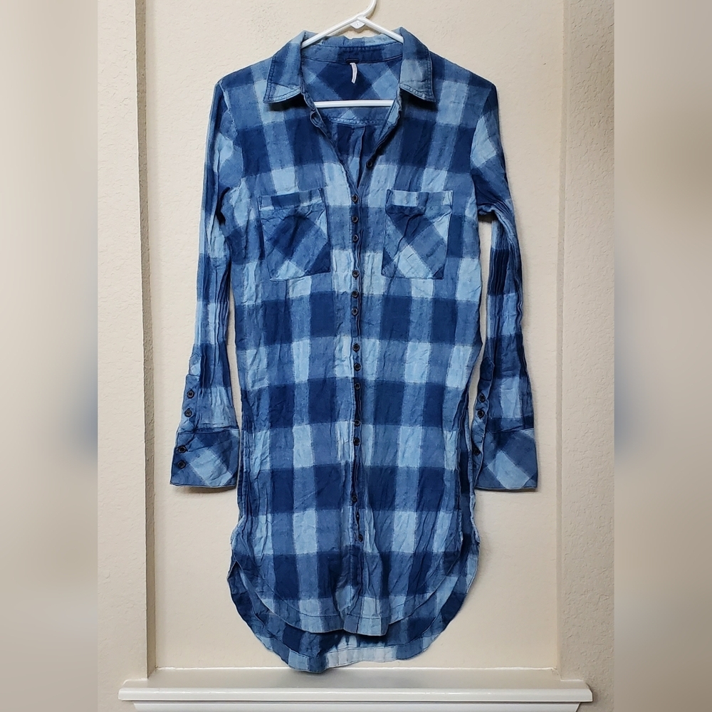 Free People Blue Plaid Long Sleeve Tunic Dress.  Size Small
